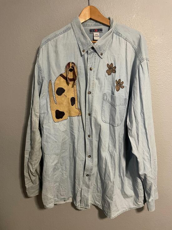 Jerzees Other - VTG Jerzees Shirt Mens 3XL Denim Long Sleeve Novelty Dog Applique Granny READ